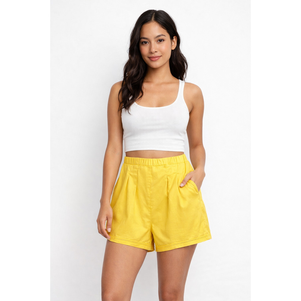 Yellow High Waist Pleated Shorts Size Small Elastic Back Summer Casual